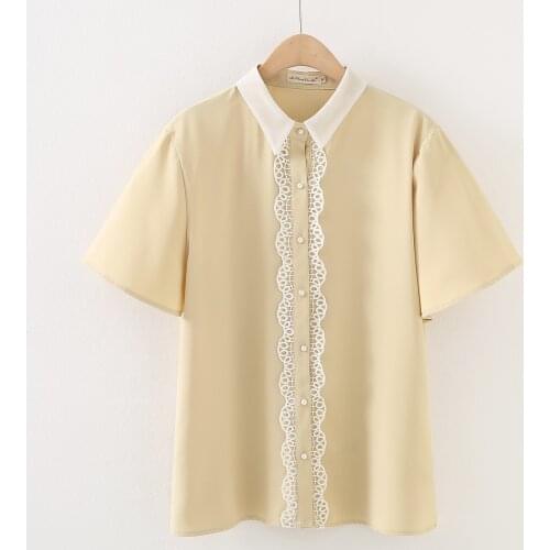 Plus size Chiffon Organza lace women shirts 2021 summer NEW casual turn-down collar Short sleeve ladies blouse female tops