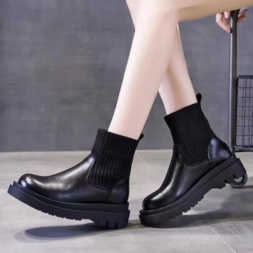 Ankle Boots Woman Slip-On Shoes Woman Fashion Knitted Elastic Round Toe Short Boots Platform Square Heels Leather Boots Women
