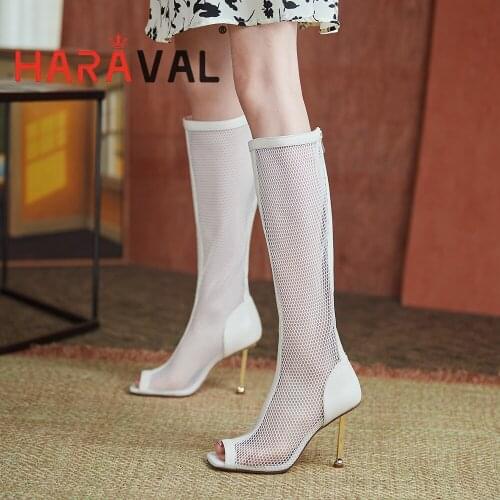 HARAVAL Women Boots Shoes High Heels Air Mesh Chelsea ELEGANT Black White Zipper Summer High Quality Summer Autumn Shoes E95L