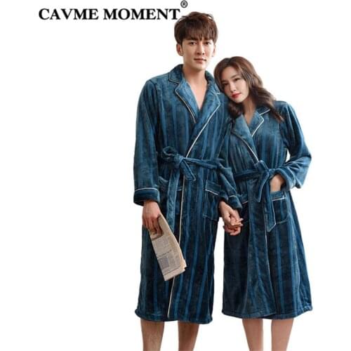 CAVME 2021 Winter Flannel Robe Warm Kimono CUSTOM LETTERS Striped Long Sleepwear for Women Mens Nightgown 3XL Gown