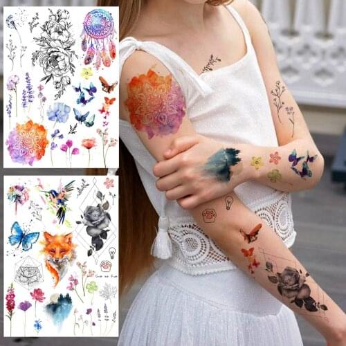 Mandala Flower Temporary Tattoos Sticker For Women Girl Fake Sexy Tattoo Realistic Lavender Fox Rose Dreamcatcher Tatoo Colorful