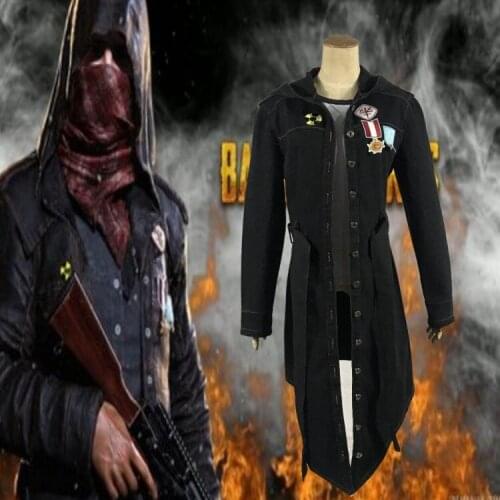 PUBG Cos Long Jacket Black Denim Hooded Coat Game Battlegrounds Cosplay Costumes Halloween Cosplay Costumes Plus Size XS To 2XL