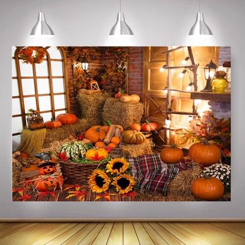 Pumpkin Autumn Harvest Backdrop Photo Shoot Maple Leaf Sunflowers Halloween Party Background Fall Paddy Warehouse Photography