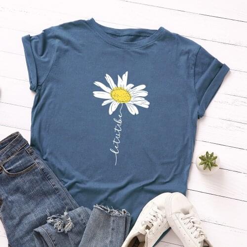 Summer Plus Size S-5XL T Shirt Cute Daisy Print T-Shirt 100%Womens Cotton shirt O Neck Short Sleeve Tee T-Shirt Black Tops