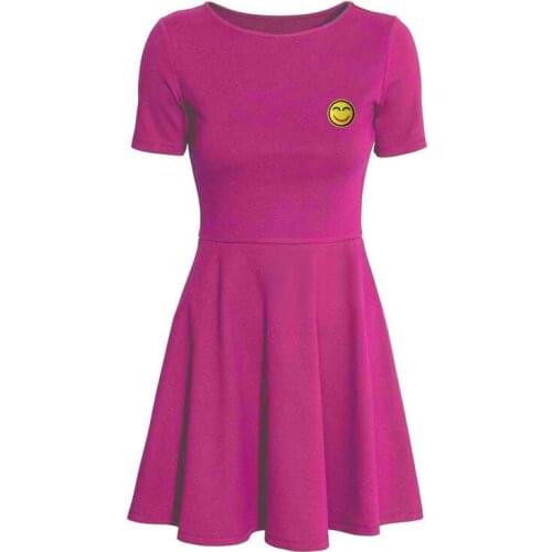 Cotton Womens Dress With Smiley Face Cloth Patch Printed Round Neck Fashion