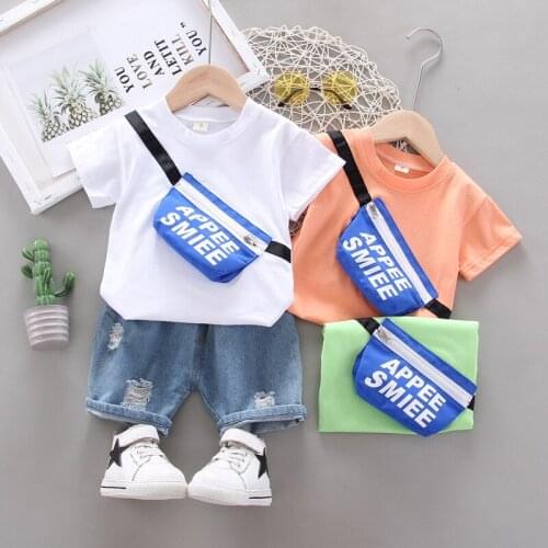 Boys Cotton Sets Costume Top+Denim Pants 2pcs Suit Casual With Fashion Shoulder Bag Newborn Kids Children Clothes Outwear