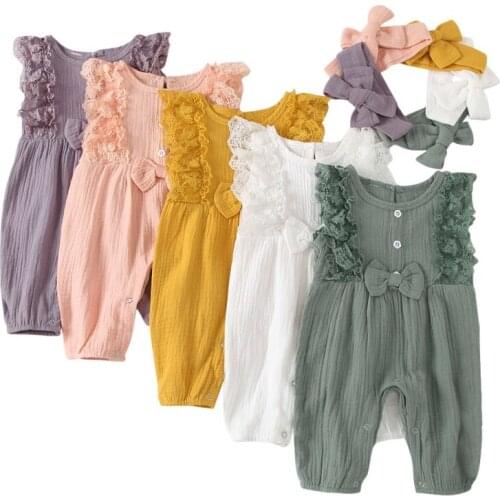 2 PCS Summer Baby Girl Cotton Linen Romper Lace Bow One Piece Jumpsuit Headband Instagramabl Infant Playsuit Clothe For Newborn