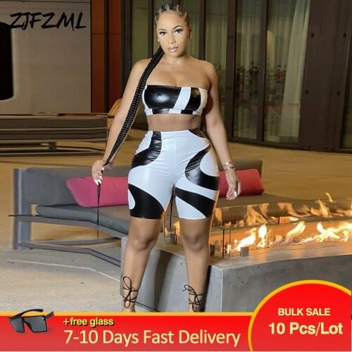 Bulk Items Wholesale Lots Womens Two Piece Short Sets Geometric Print Wrap Breast Crop Top+skinny Short PU Faux Leather Suits