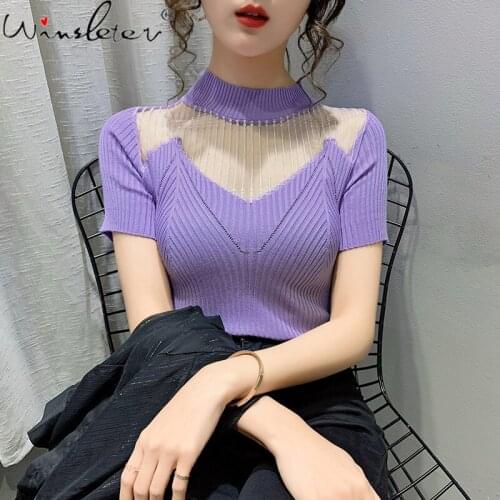Summer Knitwear Women Clothes Knitted T-Shirt Sexy Transparent Patchwork Mesh Women Tops Short Sleeve Elastic Slim Tees T13401A