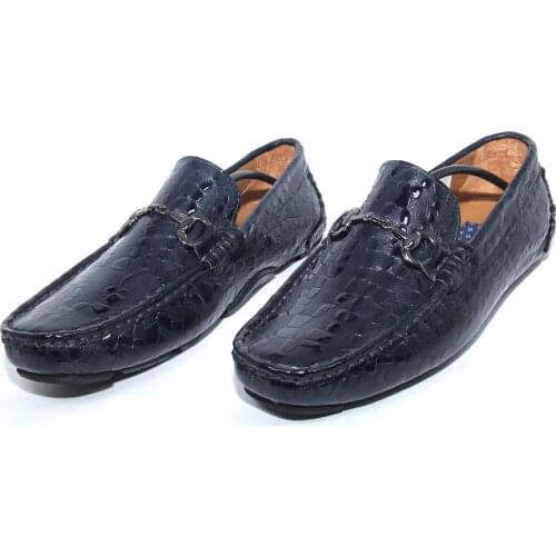 Handmade Flexible Dark Blue Loafers with Shiny Embossed Rugan & Matte Pattern, Real Calf Leather, Casual Fashion Shoes for Men