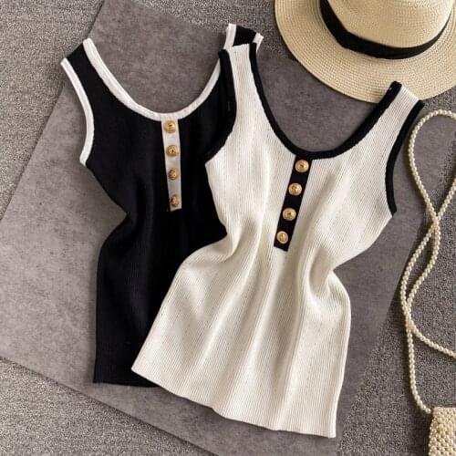 Summer Womens Patched O-neck Tank Tops Female Bodycon Knitted Buttons Simple Stretchy Camisole Sleeveless Tee shirts Women
