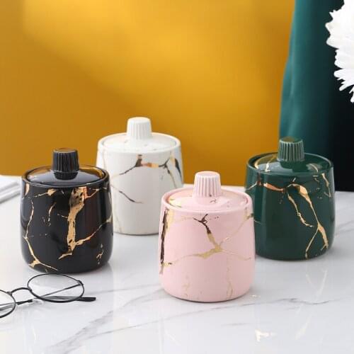 European Style Marbled Storage Jar Luxury Ceramic Cotton Swab Jewelry Box Home Countertop Toothpick Holder Food Tea Storage Jar