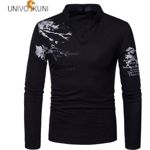UNIVOS KUNI Men T-shirt Slim Dress Long Sleeve T-shirt V-neck Collar Casual T-shirts Printing Streetwear Men T-shirt Q531
