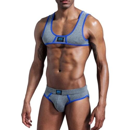 Men Undershirts Sets Sexy Chest Muscle Harness Tops Briefs Sport Fitness Running Gym Suits Quick Dry Swim Sportswear Plus Size