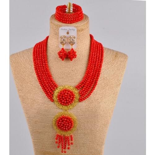 Opaque red african beads jewelry set crystal nigerian necklace costume wedding jewelry sets for women 6CLS01