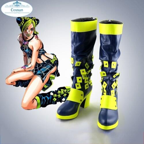 JoJos Bizarre Adventure Jolyne Cujoh Kujo Cosplay Wig Jolyne Cujoh Kujo Cosplay boots Golden Wind Blue Green Buns Braids Hairs