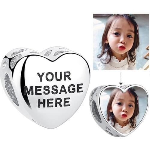 Authentic 925 Sterling Silver Beads Engrave Name Heart Charm Fit Original Bracelet & Necklace DIY Custom Photo Jewelry Gift