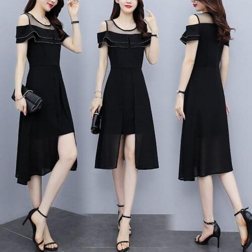 Popular Dress Summer 2021 Plus Size Womens French Round Neck Mesh Stitching Chiffon Midi Dress Fashion Ruffle Split Robe zh1131
