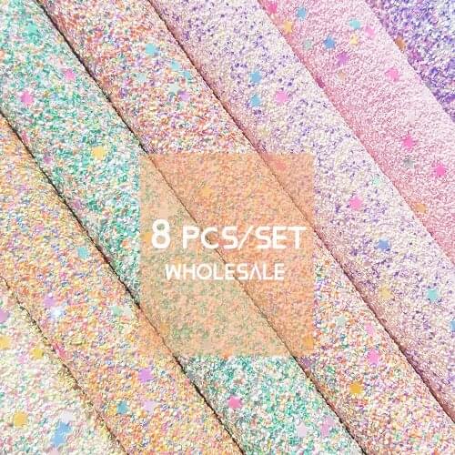 QIBU 8pcs Wholesale Chunky Glitter Fabric Colorful Sequin Faux Leather Sheets DIY Hairbow Materials Party Decoration Materials