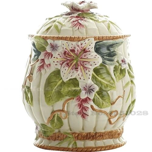 European Candy Pot Coarse Cereals Storage Tank Coffee Seal Up Pot Biscuits Pot Lily Carving Sugar Jar Salt Sugar Container 2.5L