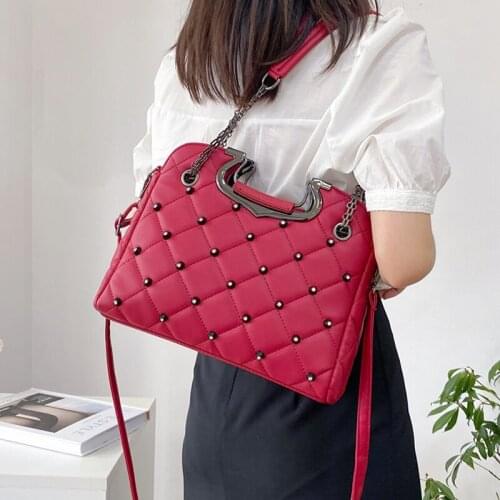 Luxury Womens Handbag Vintage Big Casual Tote Bag Female Diamond Lattice Shoulder Bag Ladies Rivet Chian Crossbody Hand Bag Sac