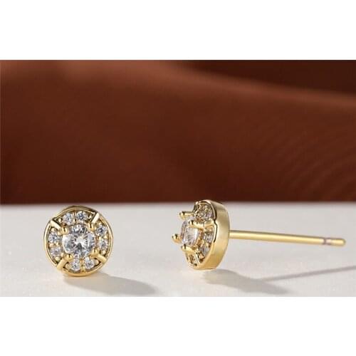 Luxury Crystal Round Stone Small Earrings Cute Female White Zircon Tiny Stud Earrings Boho Gold Color Wedding Earrings For Women