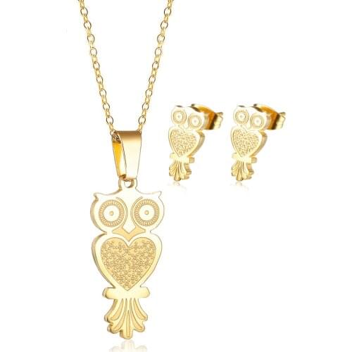 Owl design sense titanium steel creative personality pendant necklace earrings set couple jewelry gold-plated earrings first pro