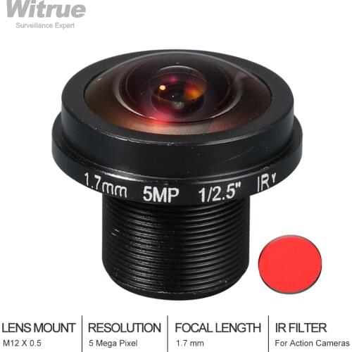 Witrue Fisheye Lens 1.7mm M12 5.0Megapixel with IR Filter for Action Cameras 1/2.5" F2.0 Panoramic Viewing Angle 180 Degrees