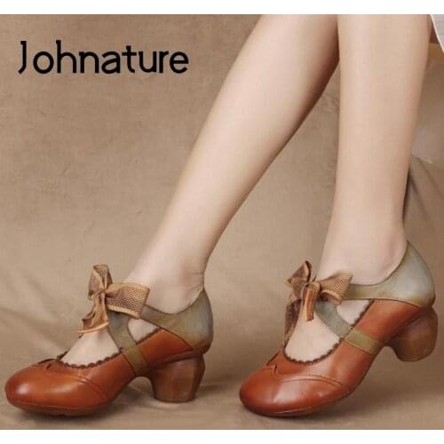 Johnature Retro Pumps Women Shoes Genuine Leather Lace-Up Mixed Colors 2021 New Spring/Autumn Handmade Concise Ladies Shoes