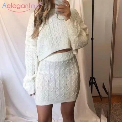 Aelegantmis Twist Knitted Sweater Two Pieces Set Women Casual Pullover Sweater Mini Short Skirt 2 Pieces Suit Vintage Skirt Chic