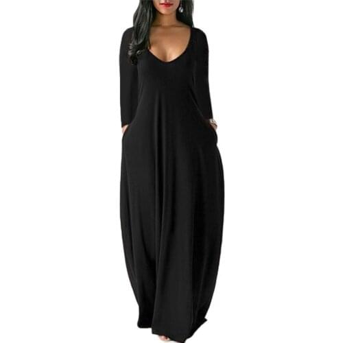 Autumn New V-neck Long Sleeve Robe Maxi Dress Women Solid Casual Loose Stretchy High Waist Pocket Long Vestidos Plus Size S-5XL