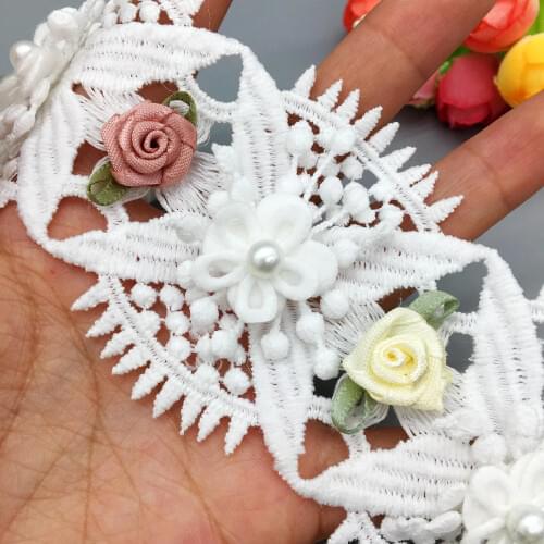 10x Latest French Laces Fabric Cotton 3D Rose Flower Pearl Lace Trim Ribbon Wedding Dress Embroidered Knitting DIY Sewing Craft