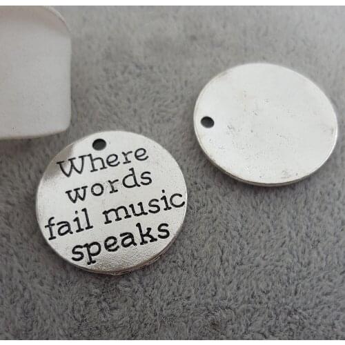 50pcs/lot 25mm anti-silver color tag lettering Where words fail music speaks charms pendant for DIY handmade Jewelry