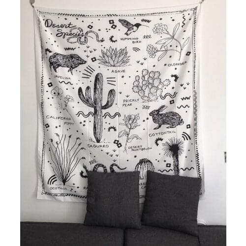 Black and White Tapestry Wall Decor Boho Wall Haning with Cactus Snakes Rabbit Throw Blanket Home Decor Wall Hanging Tapestry