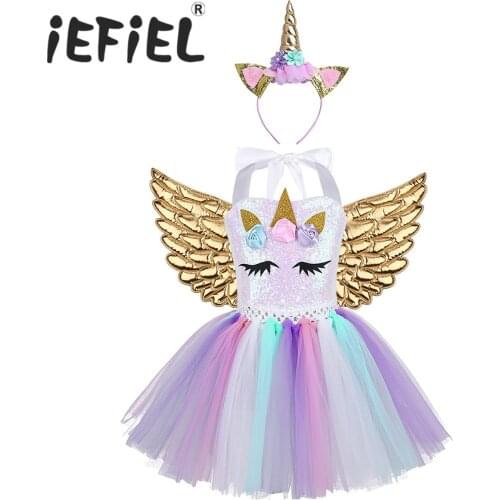 Kids Girls Cartoon Outfit 3D Flowers Shiny Sequins Mesh Tutu Dress with Hair Hoop Wings Halloween Cosplay Party Costume Set