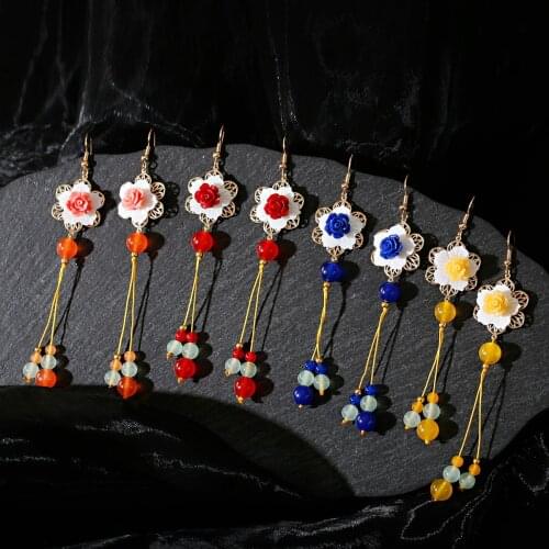 Pendant Long Earrings For Women Hanfu Chinese Flower Earring Piercing Unusual Ancient Ethnic Original Ear Drop Jewelry Hanging