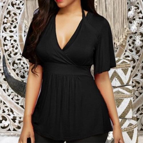 Sexy Summer Women Plus Size Solid Color V-neck Halter Short Sleeve T-Shirt Top Short Sleeve T-shirt Ladies Women Clothings 5XL