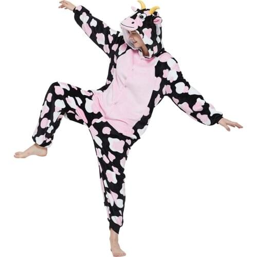 Adult Kigurumi Cow Onesies Flannel Cute Animal Pajamas Sets Kids Winter Nightwear Anime Costumes Pyjamas Sleepwear Homewear