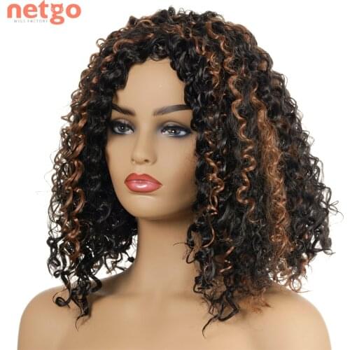 Netgo Short Afro Kinky Curly Synthetic Wig Black Mix Brown Middle Part Wig Heat Resistant Fiber Hair For Black Women Daily Wear