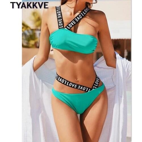 TYAKKVE Bandeau Bikinis Swimsuit Female Biquini Letter Print Irregular Strap Bikini Set 2021 Summer New Swimming Suit for Women