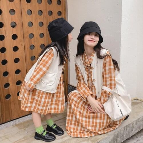 Mommy and Me Autumn Long Sleeve Plaid Dresses+Vest Suits Family Matching Mother Daughter Dress 2PCS Sets Cotton Fashion Clothes