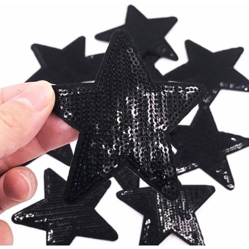 Wholesale 10Pcs Black Stars Diy Patch for Clothing Embroidered Applique Iron on Jacket Sewing Accessories Sequined Patches Badge