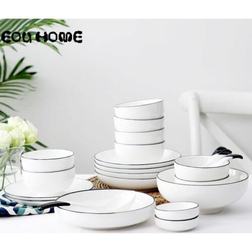 Simple European White Ceramic Dinnerware Sets Dishes and Plates Cutlery Sets Dinner Plate Rice Soup Bowl Kitchen Appliances