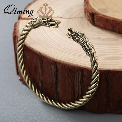 QIMING Antique bew Gold Large bew Viking Dragon Head Bracelet/Torc - Norse Mythology Jormungandr Beast Bracelet Wholesale