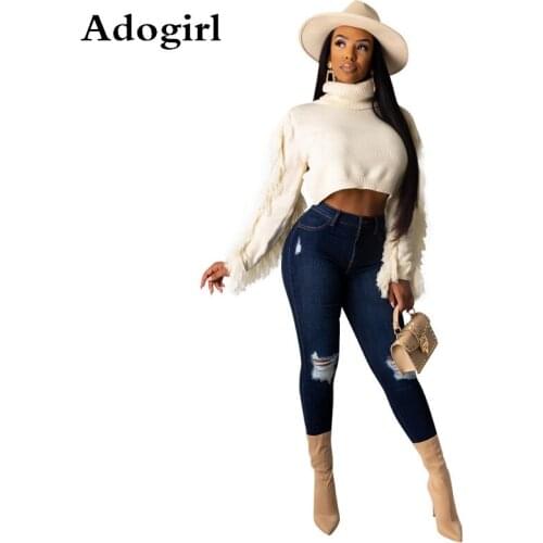 Turtleneck Knitted Sweater Women Clothes Tassel Long Sleeve Stretch Female Loose Ribbed Solid Color Short Tops Plus Size S-XXL