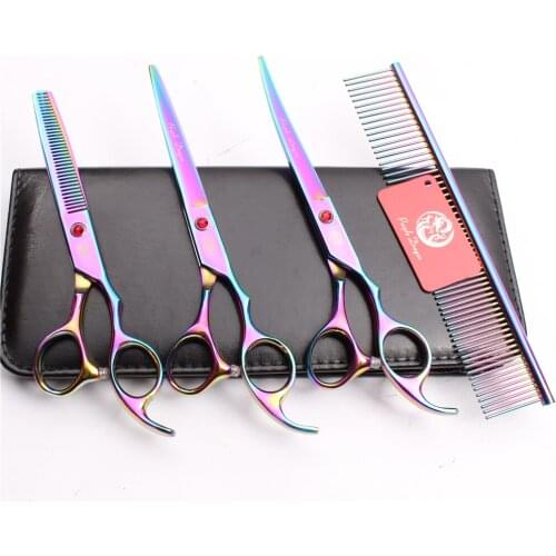 Z3003 4Pcs 7'' Multicolor Steel Comb + Cutting Shears + Thinning Scissors +UP Curved Shears Professional Pets Hair Scissors Suit