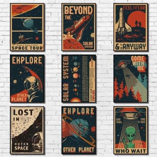 Funny Space Poster Kraftpaper Cartoon Fiction Astronaut Poster Art Painting Abstract Fancy Wall Sticker for Coffee House Bar
