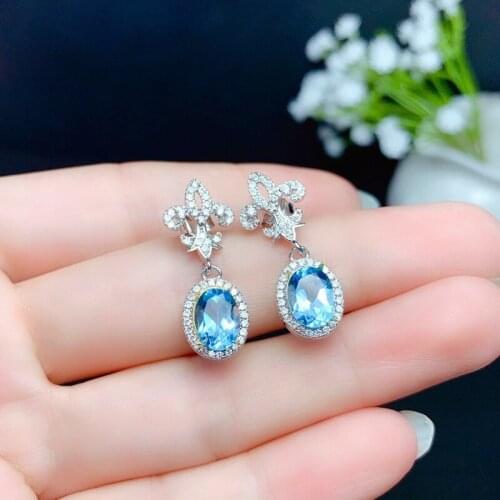 Natural Sapphire Bule Stone Women Engagement Earring Full Paved CZ Stone 14g White Gold Elegant Simple Female Jewelry Bohemia