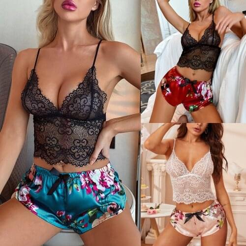 Womens Lingerie Set Pajama Solid Perspective Lace Skinny Camisole + Floral Satin Short Pants Ladies Underwear Set Sleepwear