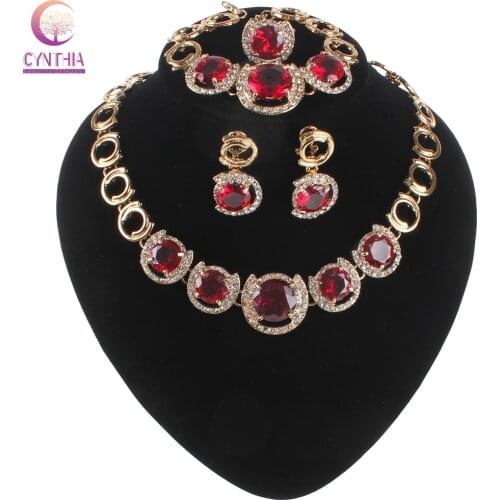 Women Wedding Jewelry Sets Classic Red Gem Crystal Gold color Crystal Zircon Earring Pendant Necklace Ring Bracelet Jewelry Set